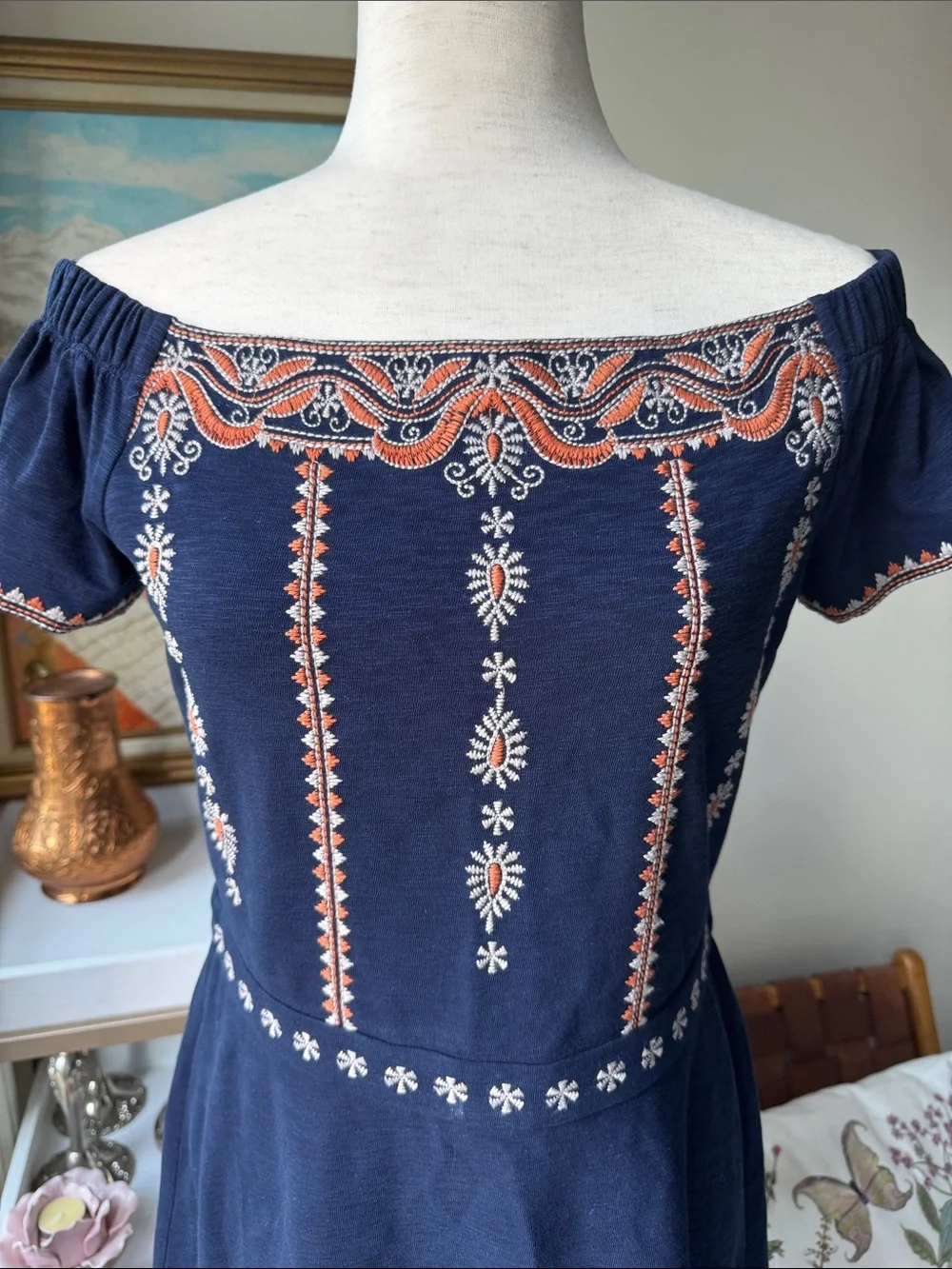 Tory Burch Navy Embroidered Off-Shoulder Dress with Coral and White Accents